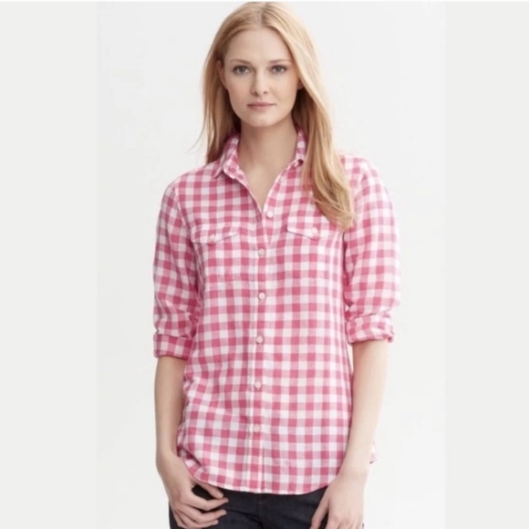 Banana Republic Tops - Banana Republic Soft Wash Shirt Linen Blend Pink  Gingham Button-Up Shirt L